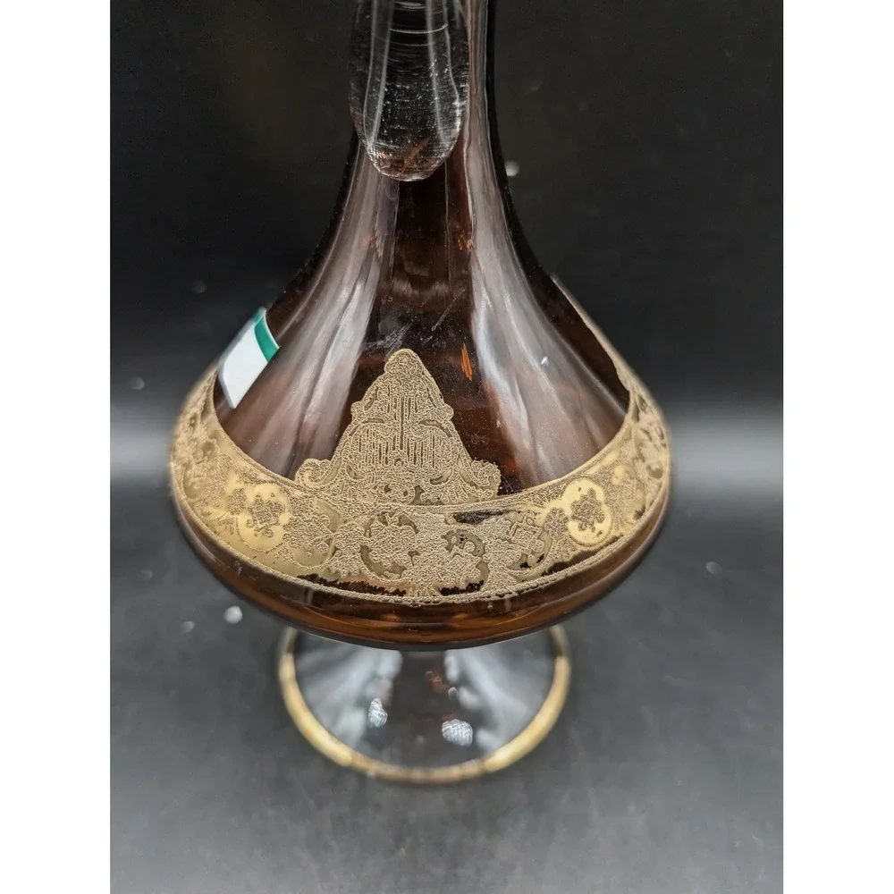 Vintage Amber Smoke Glass Decanter Gold Encrusted Floral Scroll Pedestal Handle